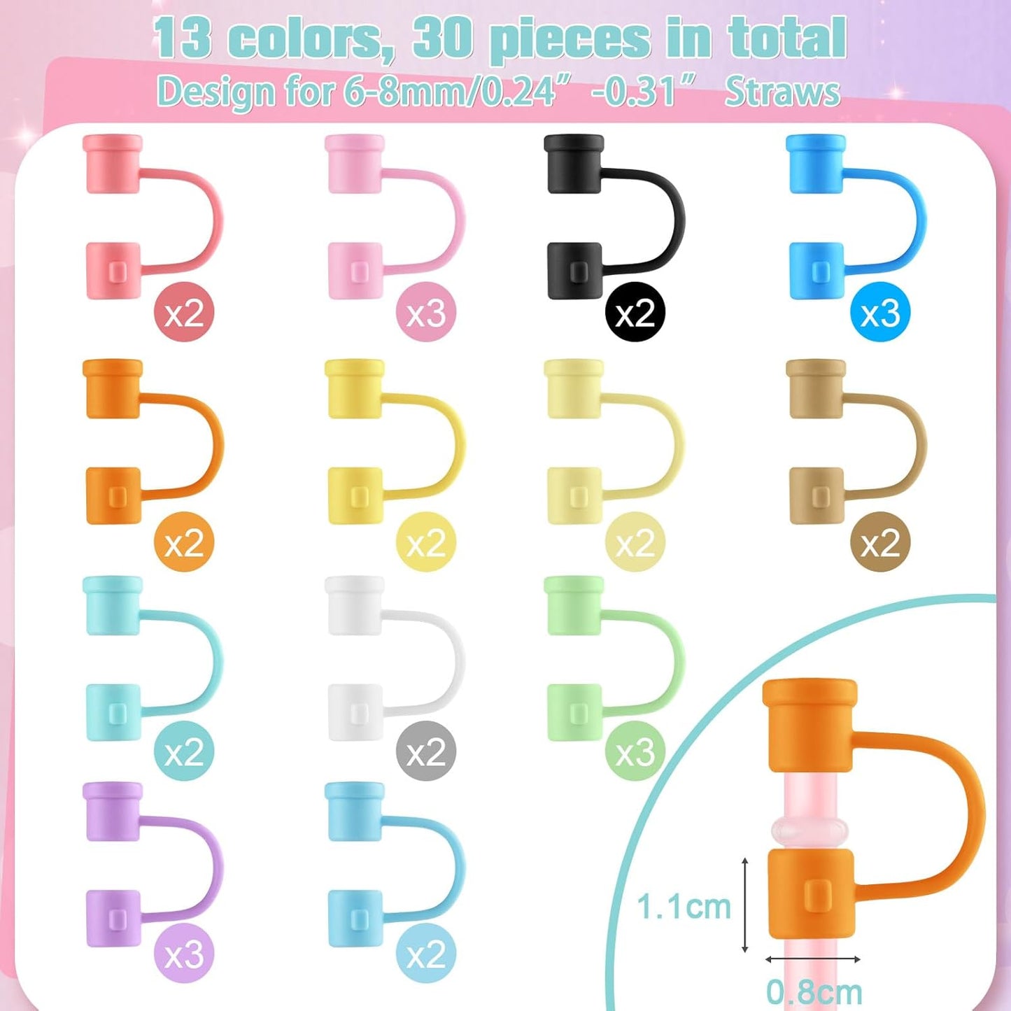 Straw Toppers Straw Covers Cap for Cup, PLULON 16Pcs Silicone Straw Cover Caps 8mm Reusable Straw Tips Dust-Proof Straw Toppers Black Straw Covers Plugs Straw Protector Accessories
