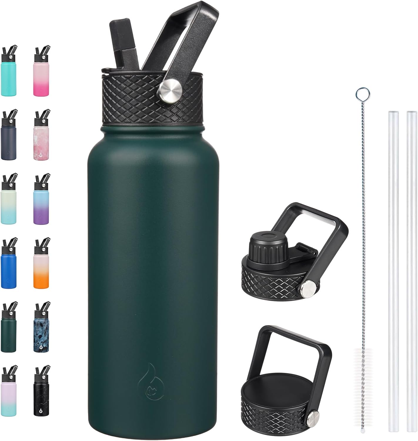 BJPKPK Insulated Water Bottles with Straw Lid, 40oz Stainless Steel Water Bottles with 3 Lids, BPA Free Leakproof Thermo, Tumblers, Cups for Sports, Gym- Midnight - Colors A