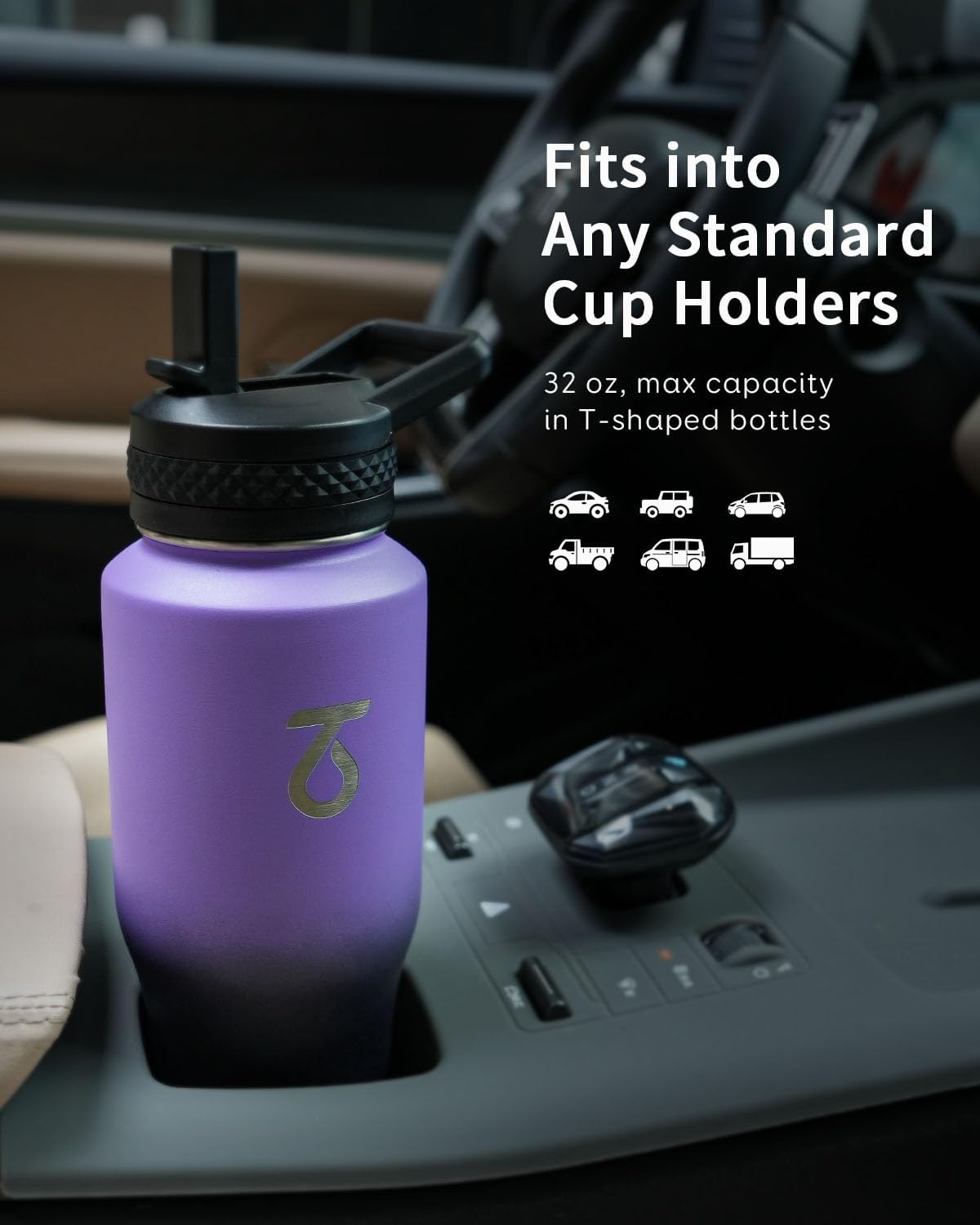 Trebo 40 oz Water Bottle Insulated Fit Car Cup Holder with Handle, Stainless Steel Water Bottles Tumbler with Spout Straw Lids, Double Wall Travel Reusable Flask, Leakproof Mug,Keep Cold &Hot,Black