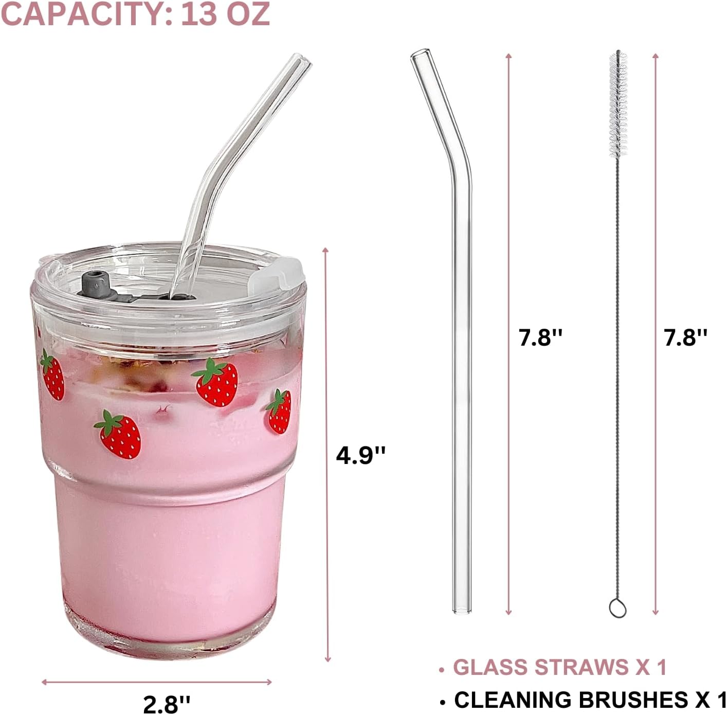 Olvini 13oz Glass Tumbler with Straw and Lid, Reusable Iced Coffee Cup Tumbler, Cute Glass Cups for Water, Matcha, Travel Coffee Mugs (Daisy)