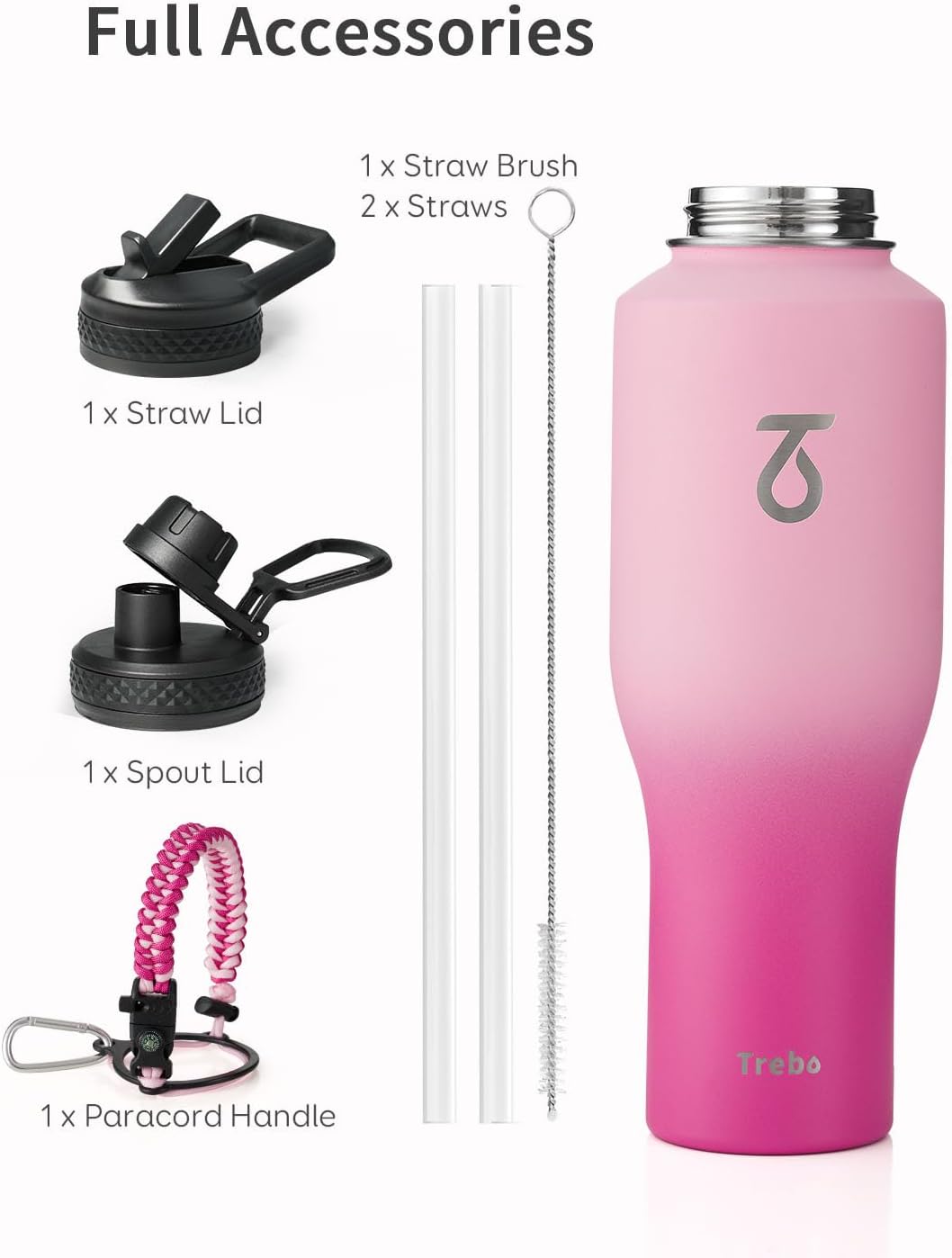 Trebo 40 oz Water Bottle Insulated Fit Car Cup Holder with Handle, Stainless Steel Water Bottles Tumbler with Spout Straw Lids, Double Wall Travel Reusable Flask, Leakproof Mug,Keep Cold &Hot,Black