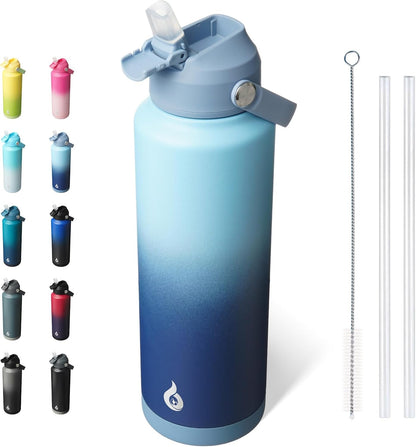 BJPKPK Insulated Water Bottle with Straw Lid, 18oz Thermo Water Bottles with Soft Nozzle, Flex Handle & Non-slip Boot, BPA Free Leak Proof Stainless Steel Metal Thermo, Tumblers, Cups,Sea Salt