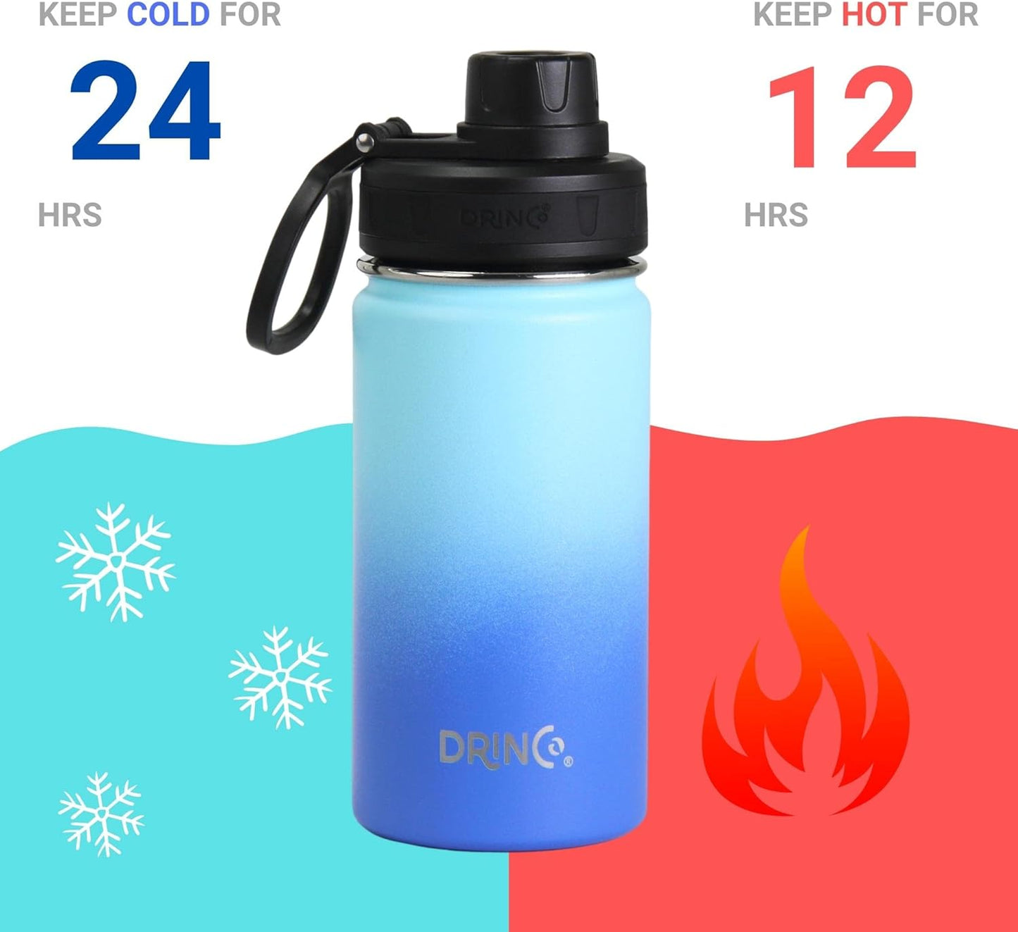 Drinco Stainless Steel Water Bottle Spout Lid Vacuum Insulated Double Wall Water Bottle Wide Mouth (40oz 32oz 22oz 18oz 14oz) Leak Proof Keep Cold Sport Camping Hiking (22 oz, 22oz Black)