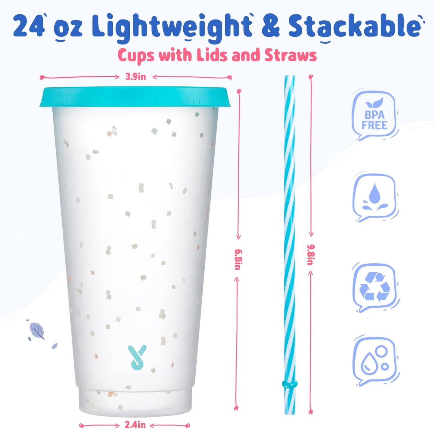 Meoky Confetti Color Changing Cups with Lids and Straws for Iced Coffee, Party, Pool - 6 Pack 24oz Reusable Plastic Tumblers for Kids and Adults