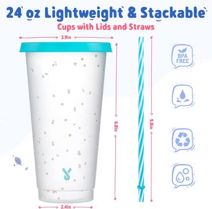 Meoky Confetti Color Changing Cups with Lids and Straws for Iced Coffee, Party, Pool - 6 Pack 24oz Reusable Plastic Tumblers for Kids and Adults