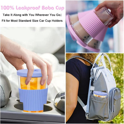 2 Pack Reusable Boba Cups, 17oz Iced Coffee With Straw and Lid, Leakproof Clear Plastic Tumbler, Double Wall Insulated Smoothie Cup, Pastel Violet and Cornflower Blue