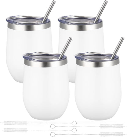 12oz/4 Pack Wine Tumbler Glasses with Lid Stemless Double Wall Vacuum Stainless Steel Travel Tumbler Keeping Cold & Hot for Wine,Coffee,Cocktails,Drinks-Family and Gifts (Multi color-dark)