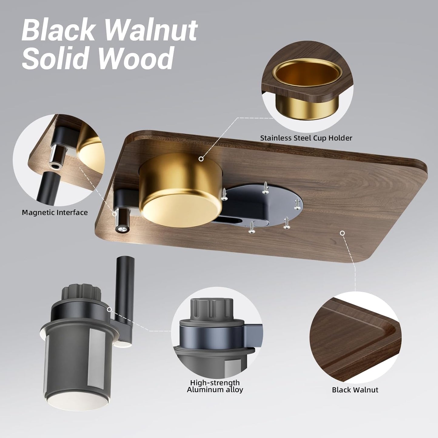 Car Cup Holder Tray Desk, 360° Rotating Black Walnut Solid Wood Food Car Table - Steering Wheel Tray Road Trip Essentials Accessories for Tesla Model Y/3/S, Ford F150 Most Vehicles