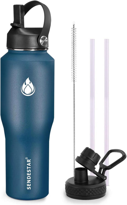 SENDESTAR 40oz Water Bottle Wide Mouth Stainless Steel Vacuum Insulated Double Wall with Straw Lids Fit in Any Car Cup Holder
