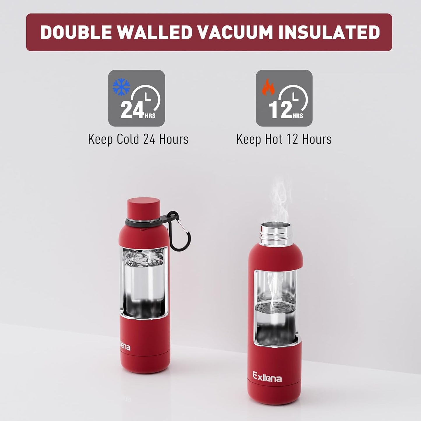 Exllena Slim Insulated Water Bottles for Travel 18oz with Clip, Double Wall Vacuum Stainless Steel Water Bottle Keeps Drinks Cold 24 Hrs/Hot 12 Hrs, 100% Leakproof, BPA Free(Black)
