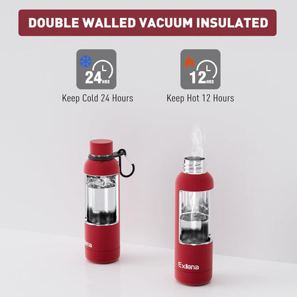 Exllena Slim Insulated Water Bottles for Travel 18oz with Clip, Double Wall Vacuum Stainless Steel Water Bottle Keeps Drinks Cold 24 Hrs/Hot 12 Hrs, 100% Leakproof, BPA Free(Black)