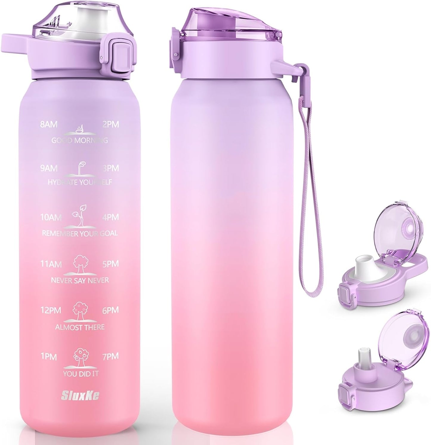 SLUXKE 24oz Insulated Water Bottle 18/10 Stainless Steel with 2Lids(Straw Lid& Spout Lids), 700ml Double Wall Vacuum Water Bottle with Handle Keep Cold and Hot for Men, Women & Kids PURPLE PINK