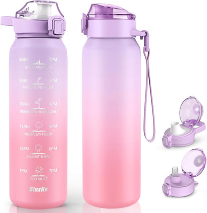 SLUXKE 24oz Insulated Water Bottle 18/10 Stainless Steel with 2Lids(Straw Lid& Spout Lids), 700ml Double Wall Vacuum Water Bottle with Handle Keep Cold and Hot for Men, Women & Kids PURPLE PINK