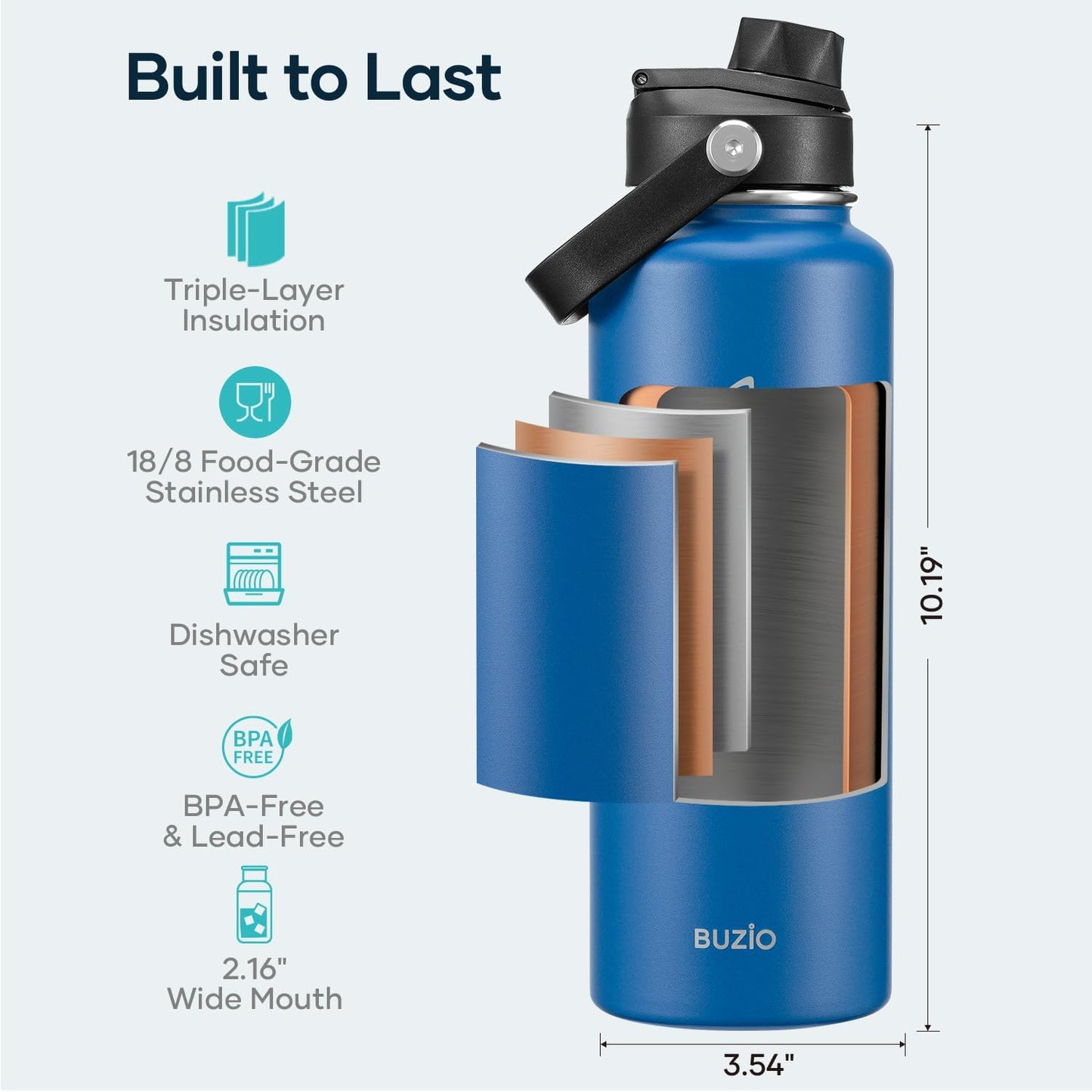 BUZIO 40oz Insulated Water Bottle, Triple Wall Vacuum Stainless Steel Water Flask with 2 lids, Lead-Free BPA-Free Straw Lid Sports Canteen Jug, Cold 48H & Hot 24H- Black - Colors B