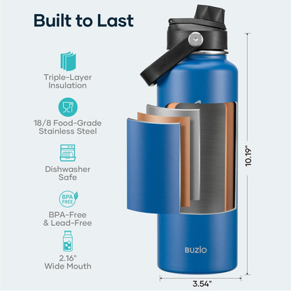 BUZIO 40oz Insulated Water Bottle, Triple Wall Vacuum Stainless Steel Water Flask with 2 lids, Lead-Free BPA-Free Straw Lid Sports Canteen Jug, Cold 48H & Hot 24H- Black - Colors B