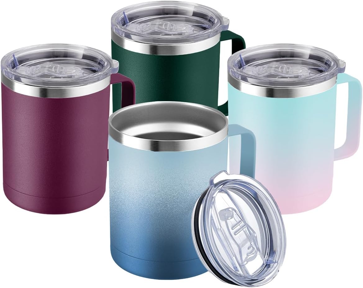 MEWAY 12oz Coffee Mug With Handle and Sliding Lid,Stainless Steel Travel Tumbler Cup with Handle,Double Wall Vacuum Insulated Camping Cup for Hot & Cold Drinks Tea (Black,Set of 1
