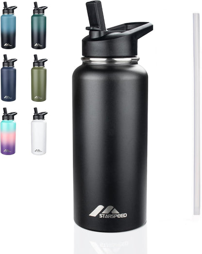 StarSpeed 32oz Insulated Water Bottle with Straw Lid, Stainless Steel Double Walled Vacuum Water Flask, Wide Mouth Sports Water Bottle for Gym Camping Hiking, Indigo Black