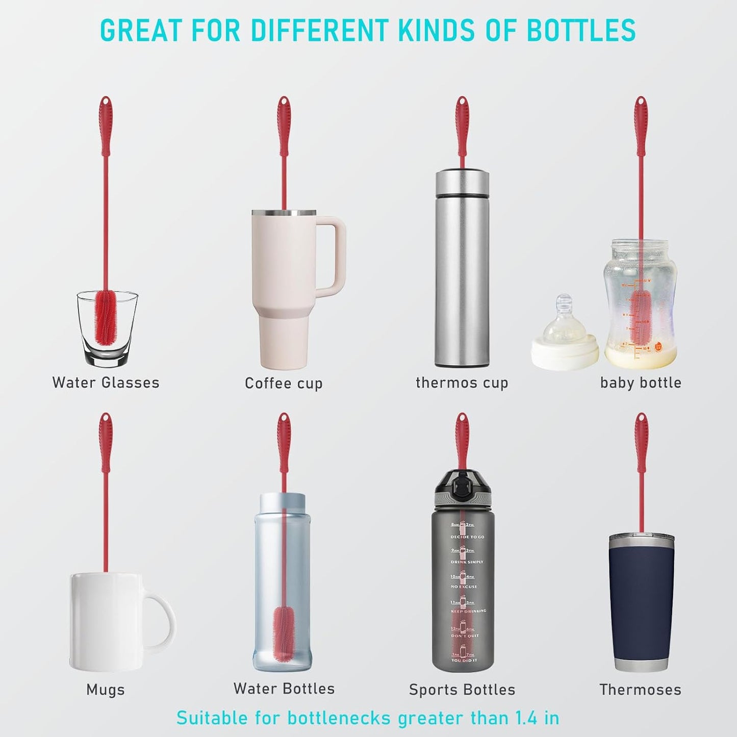Silicone Bottle Cleaning Brush with Long Handle, 12.5" Water Bottle Cleaner for Baby Bottles, Hydro Flask, Sports Bottle, Vase, Glassware, Perfect for Smaller Diameter Bottle Openings (One Pack)