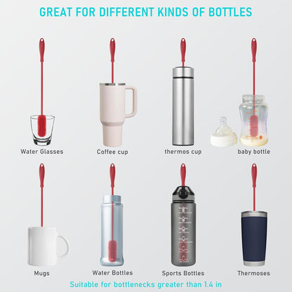 Silicone Bottle Cleaning Brush with Long Handle, 12.5" Water Bottle Cleaner for Baby Bottles, Hydro Flask, Sports Bottle, Vase, Glassware, Perfect for Smaller Diameter Bottle Openings (One Pack)