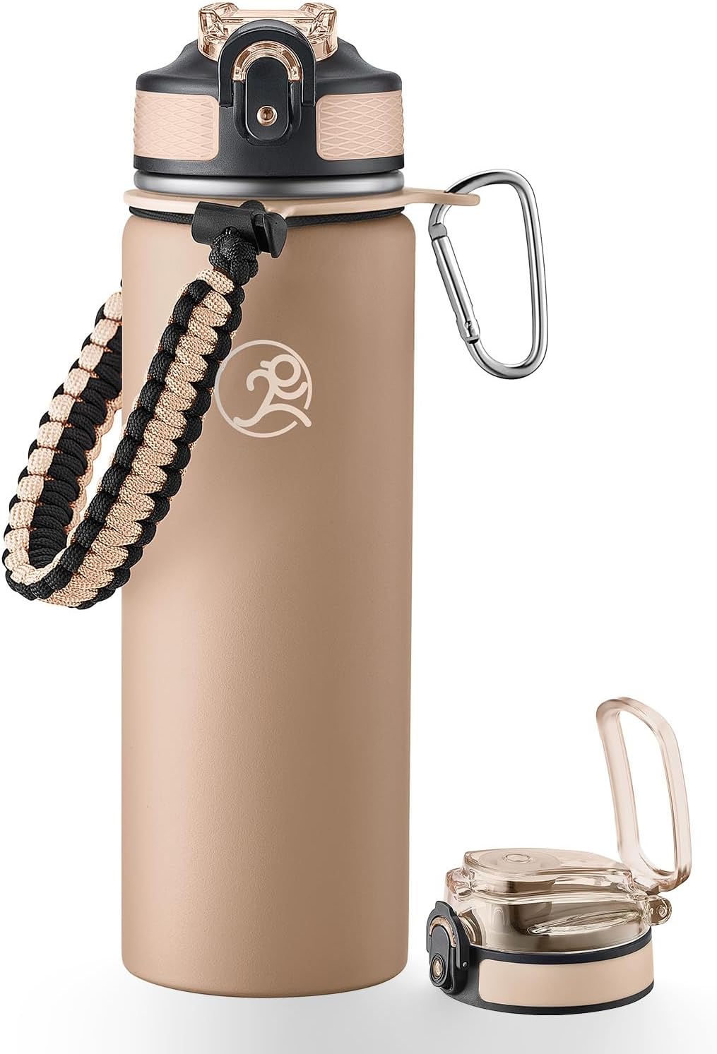 GOSWAG Insulated Sports Water Bottle, 24oz 2 Lids(with Straw/No Straw), Stainless Steel Water Bottles with Paracord Handle, Insulated Bottle with Double-Wall Vacuum Insulation