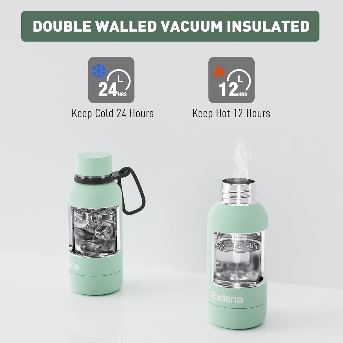 Exllena Slim Insulated Water Bottles for Travel 18oz with Clip, Double Wall Vacuum Stainless Steel Water Bottle Keeps Drinks Cold 24 Hrs/Hot 12 Hrs, 100% Leakproof, BPA Free(Black)