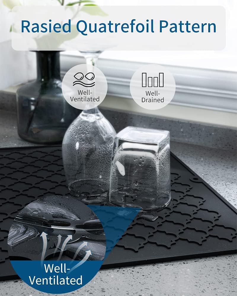 AMOAMI-Dish Drying Mats for Kitchen Counter-Silicone Dish Drying Mat-Kitchen Dish Drying Pad Heat Resistant Mat-Kitchen Gadgets Kitchen Accessories Kitchen Small Appliances(12" x 16", BLACK)