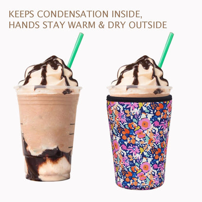 Reusable Insulated Neoprene Iced Coffee Cup Sleeve, Durable Drink Sleeve for Cold Beverages, Beverage Holder for Iced Coffee, Floral Checkers
