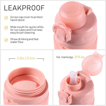 TakeToday Collapsible Water Bottles 21oz (600mL), Foldable Platinum Silicone Travel Water Bottle with Straw & Carry Strap, Leak-Resistant Screw Lid, Wide Mouth, BPA-Free for Hiking, Camping, Travel