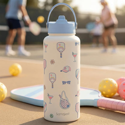 SANDJEST Pickleball Gift for Women, Water Bottle Stainless Steel 32oz with Lid & Straw, Sport Insulated Bottles Gifts for Girls Friends Teens Birthday Christmas