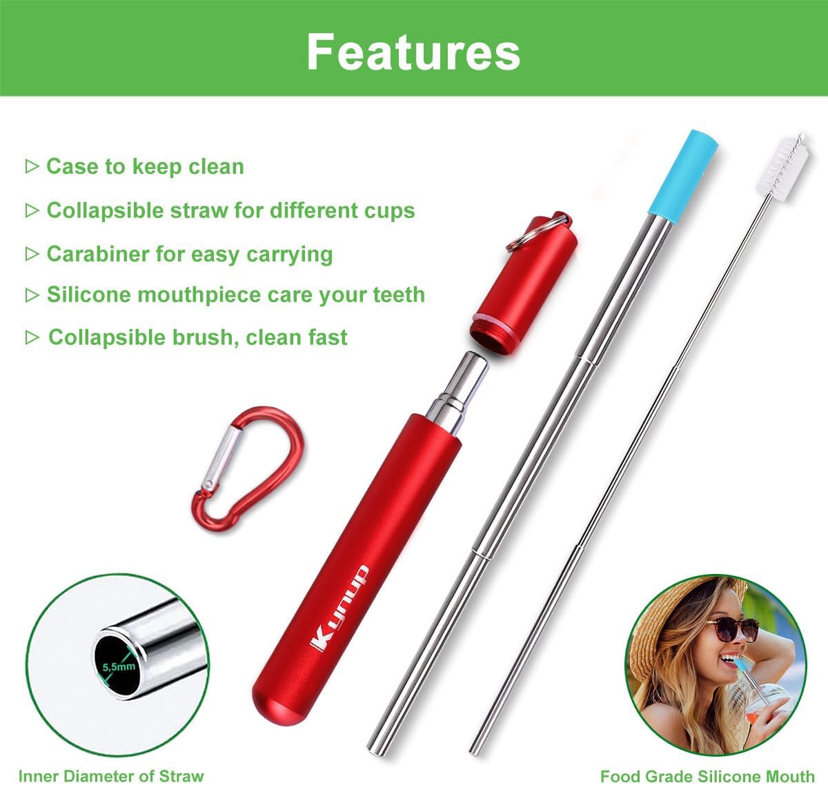Kynup 4Packs Reusable Straws, Metal Straw with Silicon, Travel Drinking Straws with Case, Keychain, Cleaning Brushes, Silicon Pcs Perfect for Travel, Gifts (20 PCS) Blue-Black-Silver-Turquoise