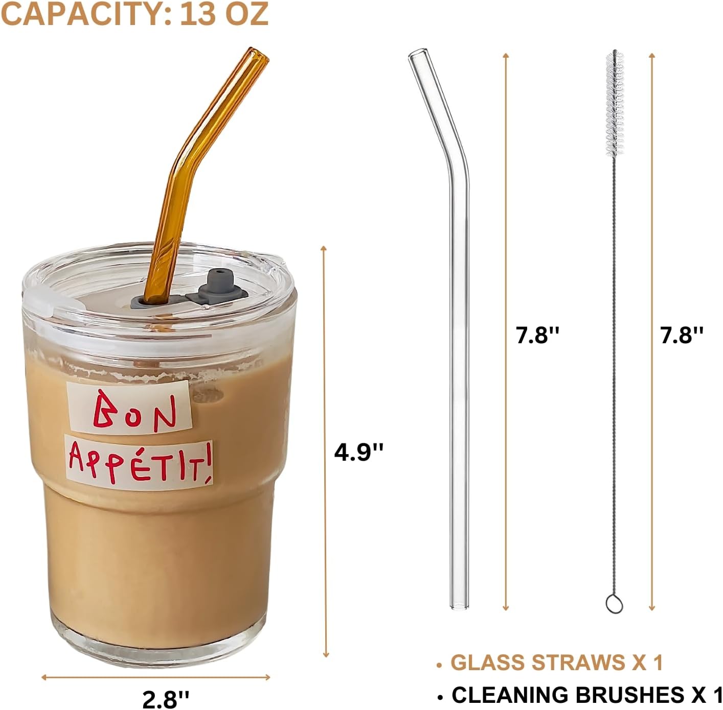 Olvini 13oz Glass Tumbler with Straw and Lid, Reusable Iced Coffee Cup Tumbler, Cute Glass Cups for Water, Matcha, Travel Coffee Mugs (Daisy)