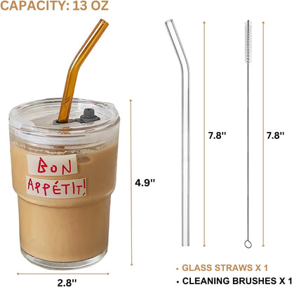 Olvini 13oz Glass Tumbler with Straw and Lid, Reusable Iced Coffee Cup Tumbler, Cute Glass Cups for Water, Matcha, Travel Coffee Mugs (Daisy)
