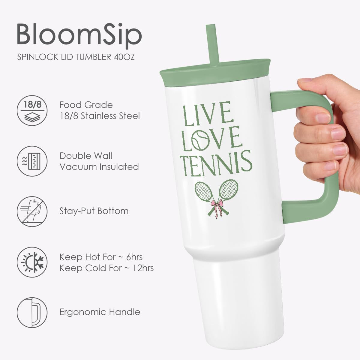 SANDJEST Pickleball Stainless Steel Locking Lid Silicone Straw Tumbler with Handle 40oz, Insulated Stainless Steel Travel Cup for Women Girls Friends Players, Gift Idea for Birthday Christmas
