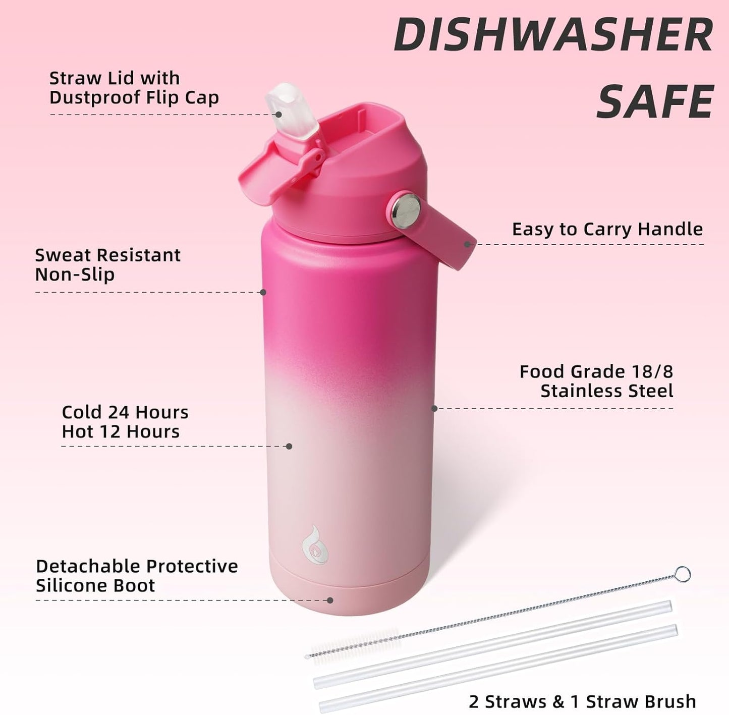 BJPKPK Insulated Water Bottle with Straw Lid, 18oz Thermo Water Bottles with Soft Nozzle, Flex Handle & Non-slip Boot, BPA Free Leak Proof Stainless Steel Metal Thermo, Tumblers, Cups,Sea Salt