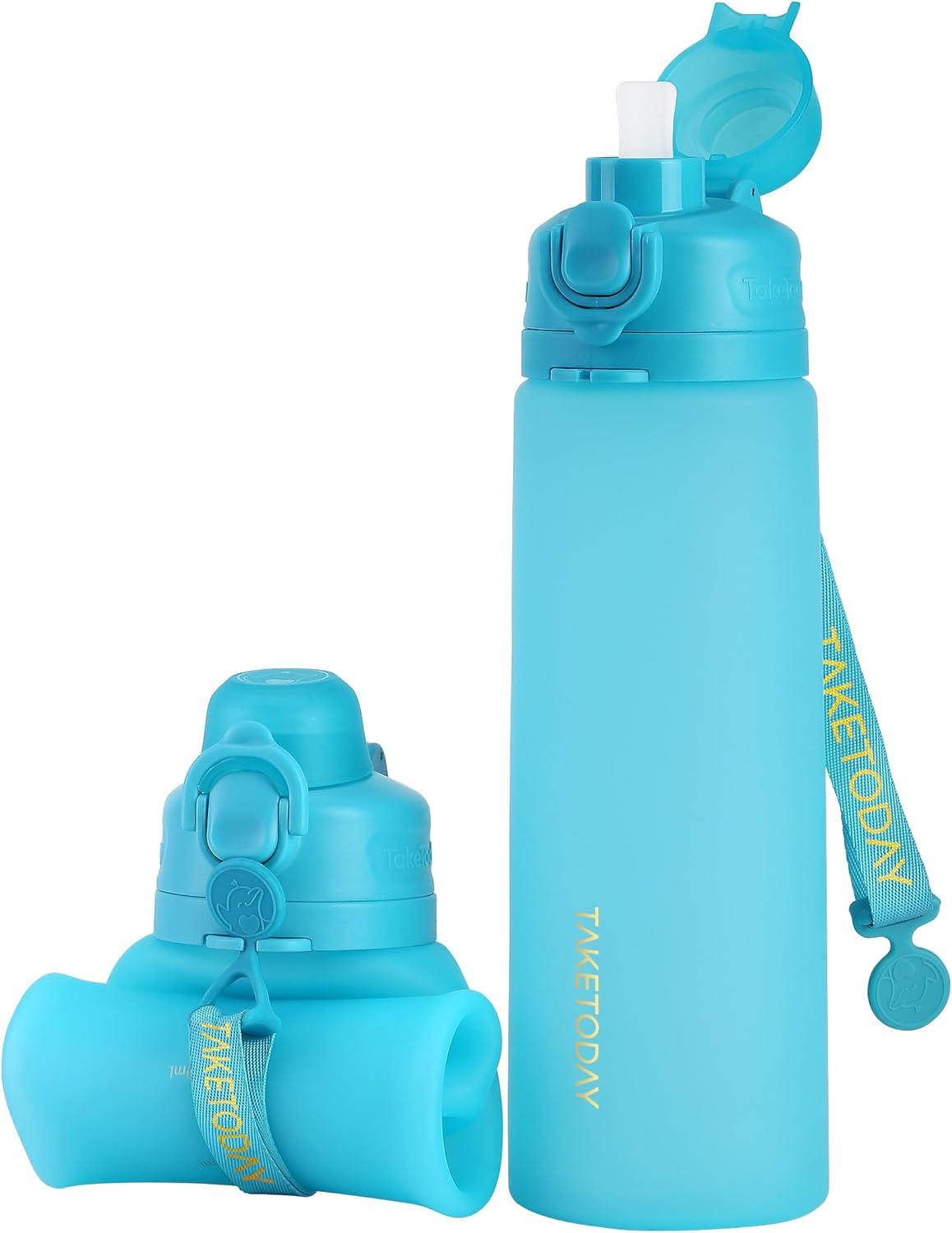 TakeToday Collapsible Water Bottles 21oz (600mL), Foldable Platinum Silicone Travel Water Bottle with Straw & Carry Strap, Leak-Resistant Screw Lid, Wide Mouth, BPA-Free for Hiking, Camping, Travel