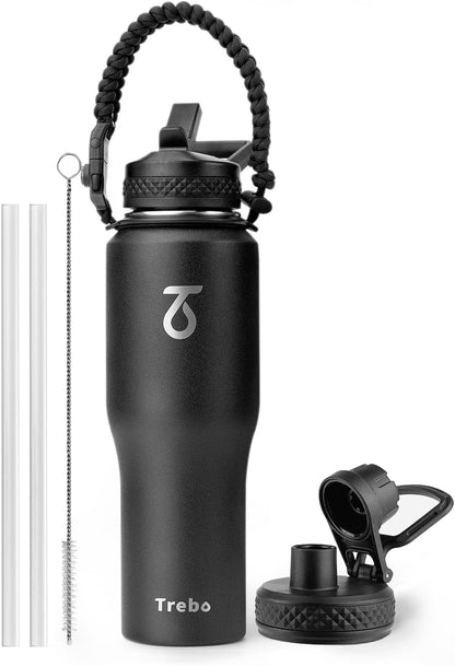 Trebo 40 oz Water Bottle Insulated Fit Car Cup Holder with Handle, Stainless Steel Water Bottles Tumbler with Spout Straw Lids, Double Wall Travel Reusable Flask, Leakproof Mug,Keep Cold &Hot,Black