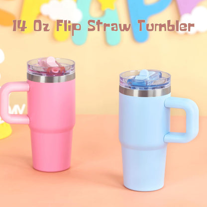 Cosictic 14 Oz Flip Straw Tumbler with Handle for Kids, Stainless Steel Double Wall Insulated Cup for Children with Flip Top Lid, 14 Oz Leak-proof Cups for Kids, Sky Blue and Purple