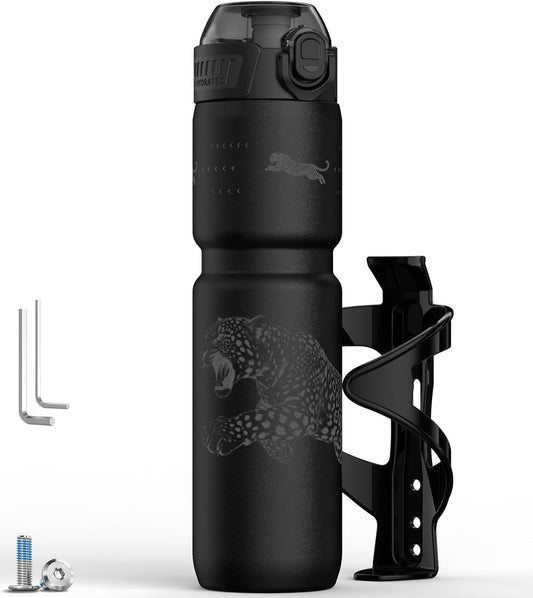 MYFOREST 24oz/700ml Insulated Bike Water Bottle, Odor-Free Surgical Steel Liner, Stronger Grip for Rough Trails, Quick-Open Chug/Straw 2-in-1, Dirt Cap (Glossy Steel)
