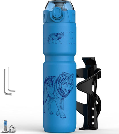 MYFOREST 24oz/700ml Insulated Bike Water Bottle, Odor-Free Surgical Steel Liner, Stronger Grip for Rough Trails, Quick-Open Chug/Straw 2-in-1, Dirt Cap (Glossy Steel)