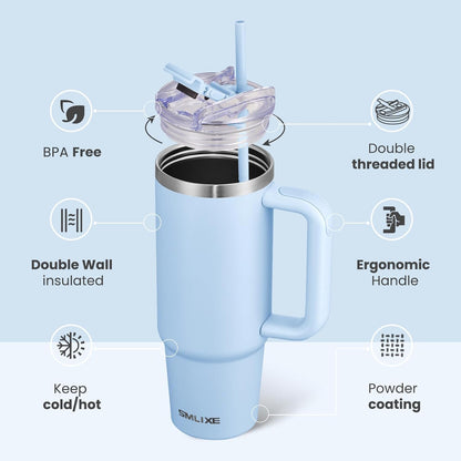 40 oz Tumbler with Handle and Straw Lid,Insulated Reusable Stainless Steel Water Bottle Travel Mug，Cupholder Friendly Double Wall Vacuum Sealed Cup (Black)