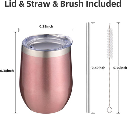 12 oz Insulated Wine Tumbler with Lid and Straw,Stainless Steel Stemless Wine Tumbler Glasses Double Wall Vacuum Wine Cups Tumbler for Coffee,Champaign,Cocktail,Office（Silver,1）