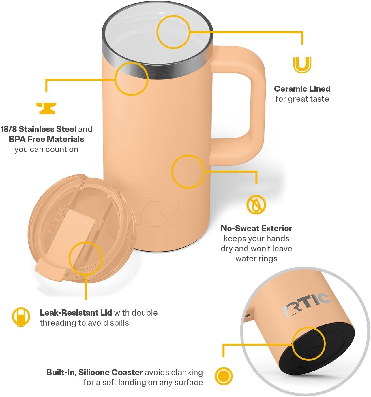 RTIC 20oz Road Trip Travel Mug with Lid and Handle, Ceramic Lined, Insulated, Stainless Steel, Metal, Double Wall Vacuum-Insulation, Portable Coffee, Tea Cup for Hot and Cold Drink, Black