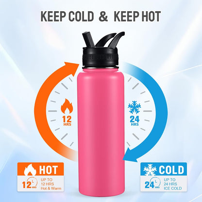 Insulated Water Bottles with Straw 40 oz Leak Proof, Vacuum Insulated Stainless Steel Sport Tumbler with 3 Lids Straw, Spout and Handle Lid for Sports, Gym or Office,Hot Pink