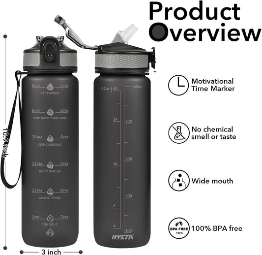 Hyeta 32oz Water Bottles with Straw - Stay Motivated and Hydrated with Convenient Times to Drink Markings, Durable, Leak-proof