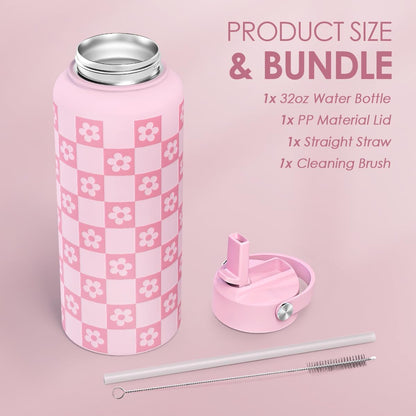 SANDJEST Pickleball Gift for Women, Water Bottle Stainless Steel 32oz with Lid & Straw, Sport Insulated Bottles Gifts for Girls Friends Teens Birthday Christmas