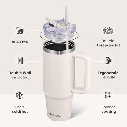 40 oz Tumbler with Handle and Straw Lid,Insulated Reusable Stainless Steel Water Bottle Travel Mug，Cupholder Friendly Double Wall Vacuum Sealed Cup (Black)