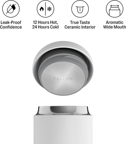 Fellow 12 oz Carter Wide Travel Mug - Wide Mouth Vacuum-Insulated Stainless Steel Coffee Mug - Tea and Coffee Tumbler with Ceramic Interior - Matte Black