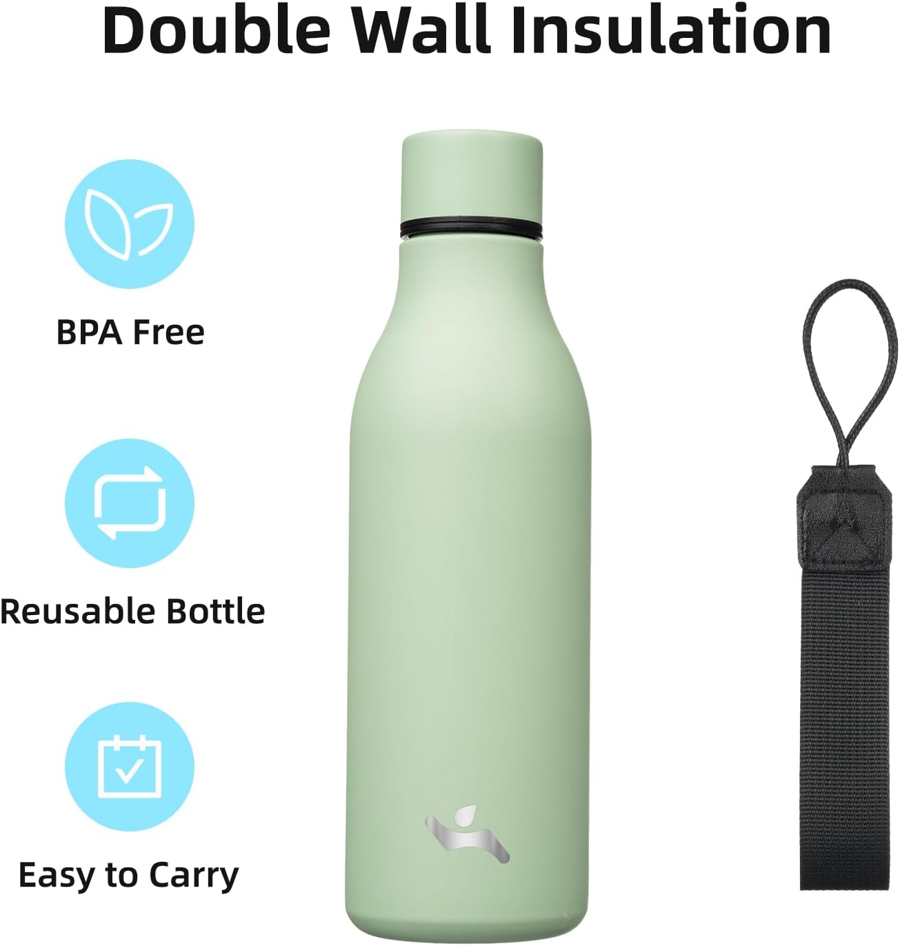 Konokyo Insulated Water Bottle with Strap,18 oz Double Wall Stainless Steel Vacuum Bottles Metal Water Flask,Macaron Green - Colors A