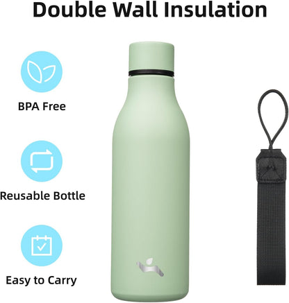 Konokyo Insulated Water Bottle with Strap,18 oz Double Wall Stainless Steel Vacuum Bottles Metal Water Flask,Macaron Green - Colors A