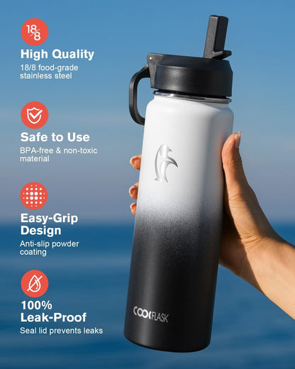 Half Gallon Water Bottle Insulated with Straw & 3 Lids, Coolflask 64 oz Water Jug Large Metal Stainless Steel Wide Mouth for Sports, Gym or Office, Non-BPA Keep Cold 48H Hot 24H, Samurai Cyan